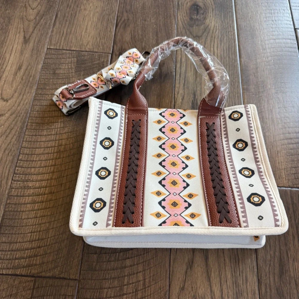 Wrangler NWT Southwestern Canvas Purse Pink Brown Geometric Braided Trim